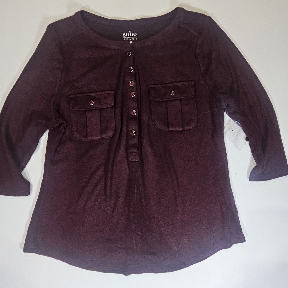 New York & Company Soho Blouse Womens Small Maroon 1/4 Button‎ Pocketed Casual